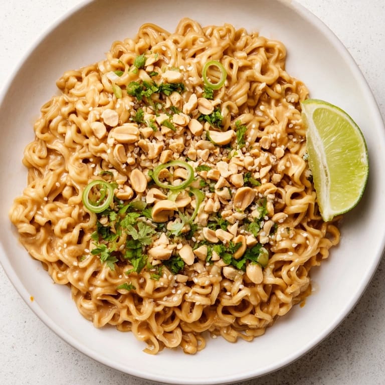 Close-up of creamy, spicy Instant Peanut Thai Sauce Noodles with sesame seeds and lime wedges.