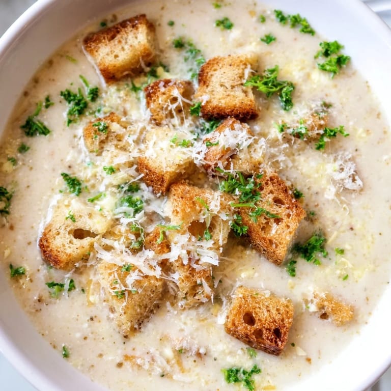 Golden, bubbling Creamy Garlic Bread Soup; imagine the aroma of garlic and bread.