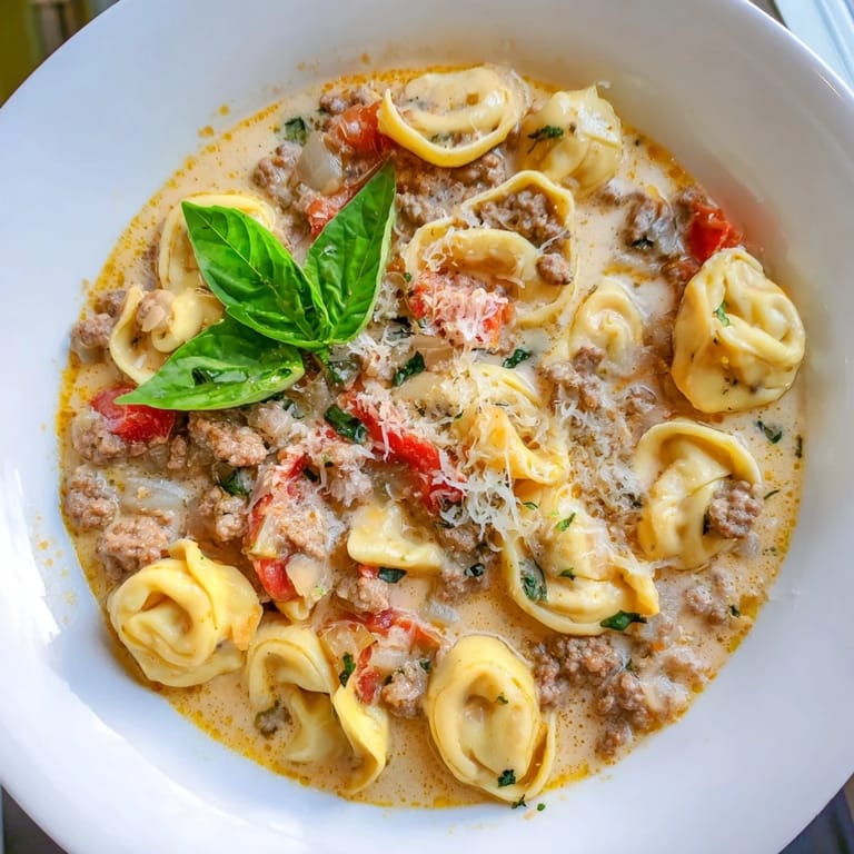 Creamy Tortellini Beef Soup, ready to eat, with floating tortellini and garnished with fresh basil.
