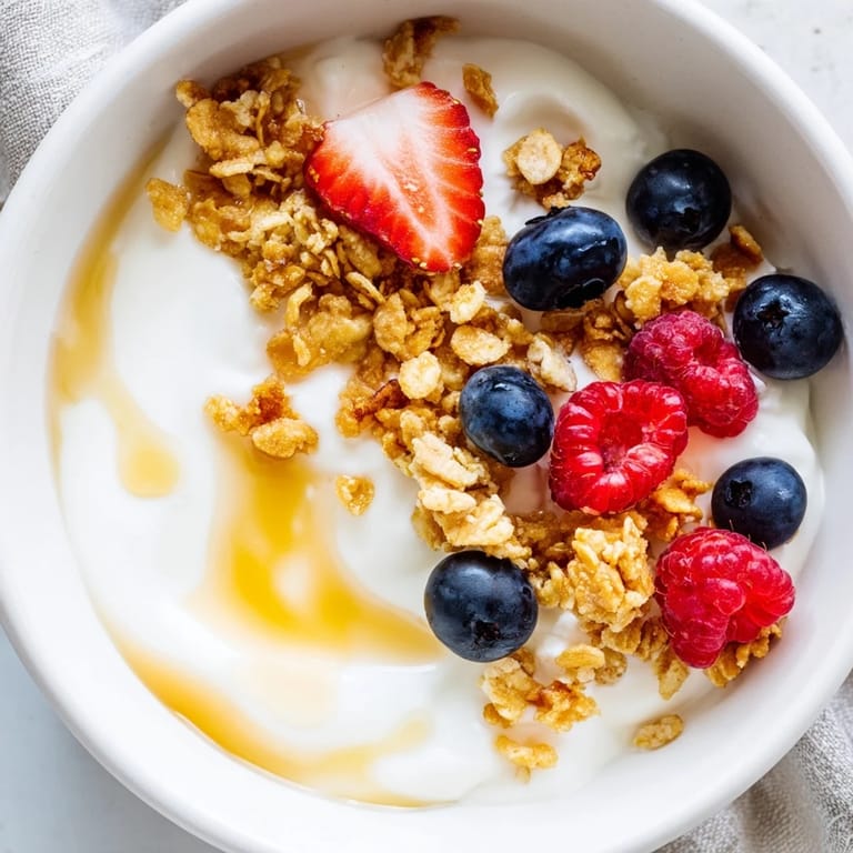 Sweet and spicy flavors combine in this Cottage Cheese Hot Honey Bowl, topped with fresh berries and crispy granola.