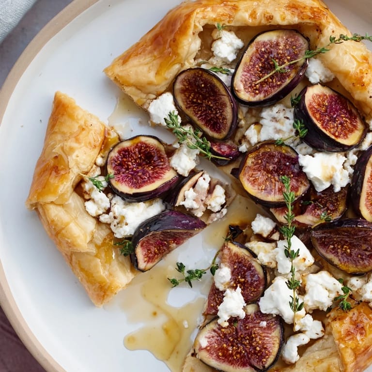 Crispy-edged puff pastry truffle pizza featuring a gourmet display of sliced figs, creamy goat cheese, and aromatic truffle oil.
