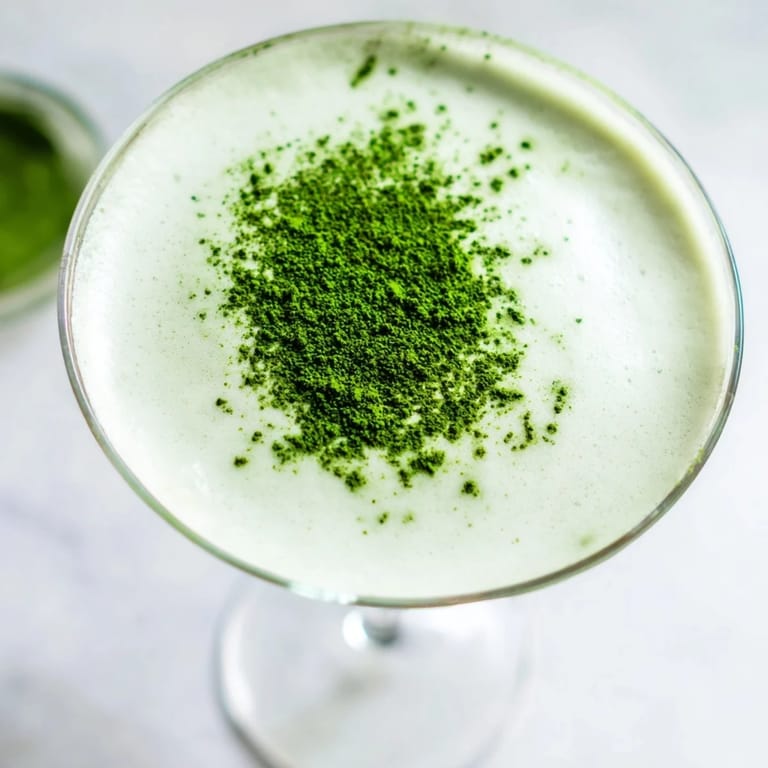 Vibrant green Matcha Martini, shaken with vodka and cream, ready to refresh with a balanced flavor.
