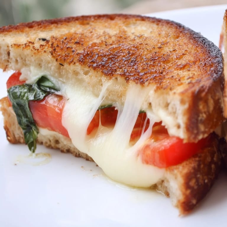 A plate holds a crisp Tomato Basil Grilled Cheese, with a bowl of tomato soup for dipping and a drizzle of balsamic.