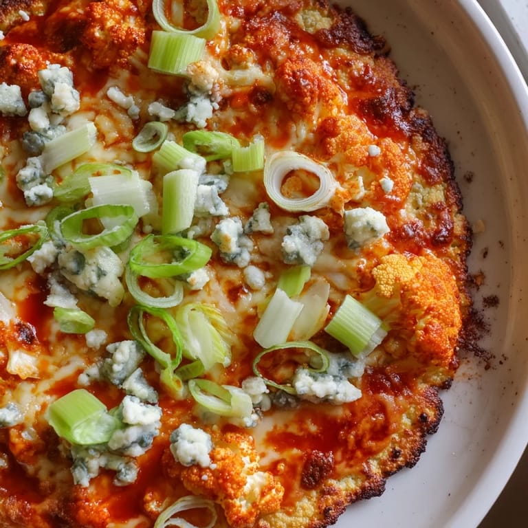 This vegetarian Buffalo Cauliflower Pizza features a baked cauliflower crust topped with tangy buffalo sauce and fresh green onions.  