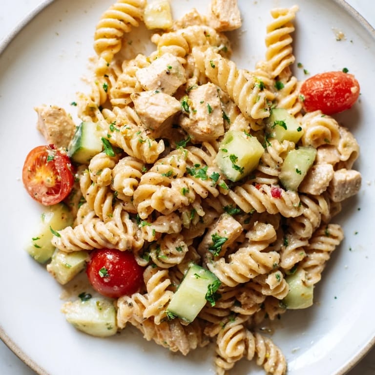 A close-up of Honey Mustard Chicken Pasta Salad, fresh greens and tomatoes peek from under tender chicken and pasta.