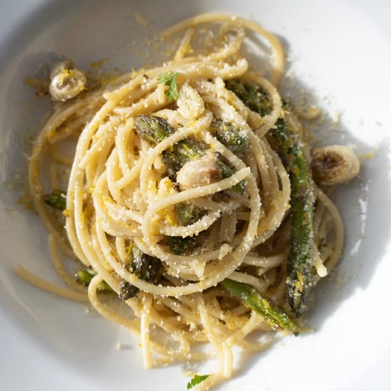 Roasted Garlic & Asparagus Pasta is garnished with fresh parsley and lemon zest for bright flavor.  
