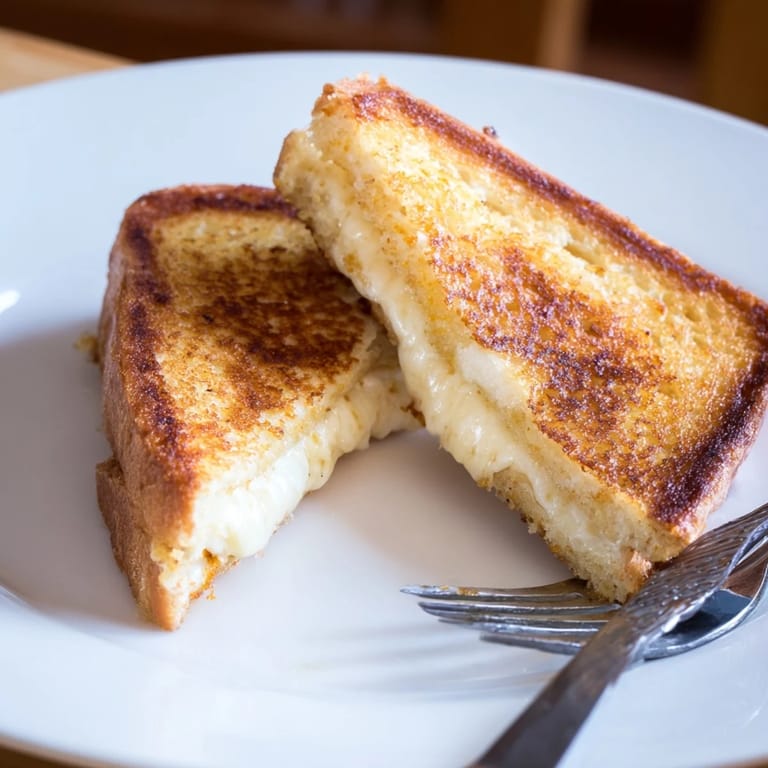 Sliced Mozzarella Stick Grilled Cheese served with warm marinara dipping sauce on a plate.