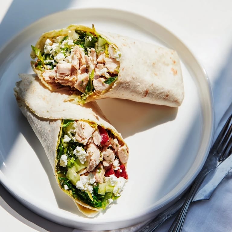 A close-up of a Greek Lemon Chicken Salad Wrap, filled with marinated chicken and vibrant Mediterranean salad ingredients.