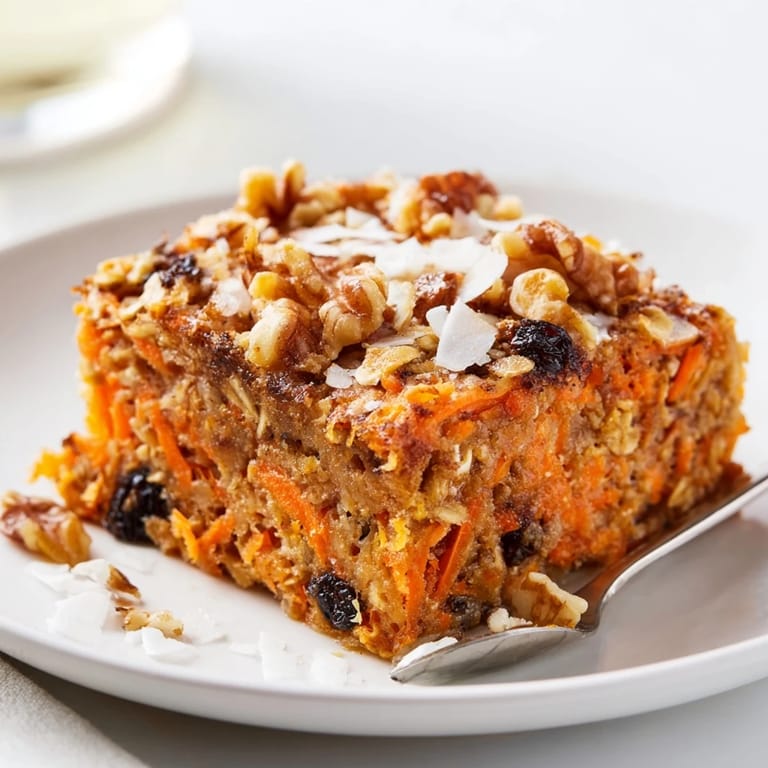 Freshly baked Carrot Cake Baked Oatmeal cooling on a wire rack, featuring a golden-brown top and cinnamon-dusted surface for a cozy breakfast presentation.