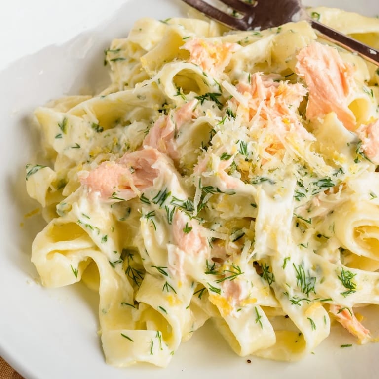 Close-up of The Best Creamy Salmon Pasta with glossy sauce clinging to noodles, Parmesan and black pepper garnish on a rustic table.