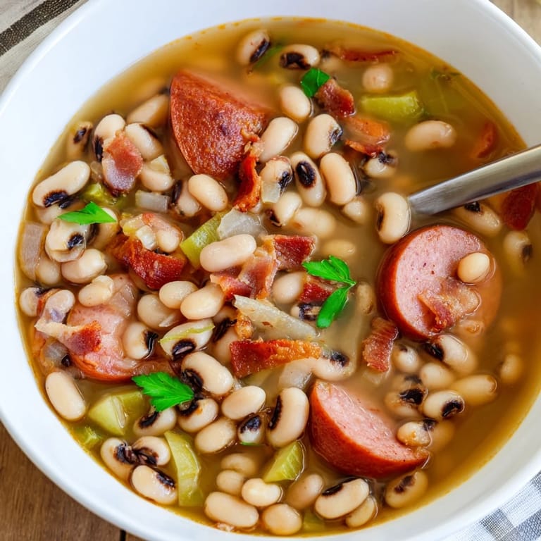 A rustic bowl of Southern-Style Black-Eyed Peas served with smoky sausage and cornbread on the side.  