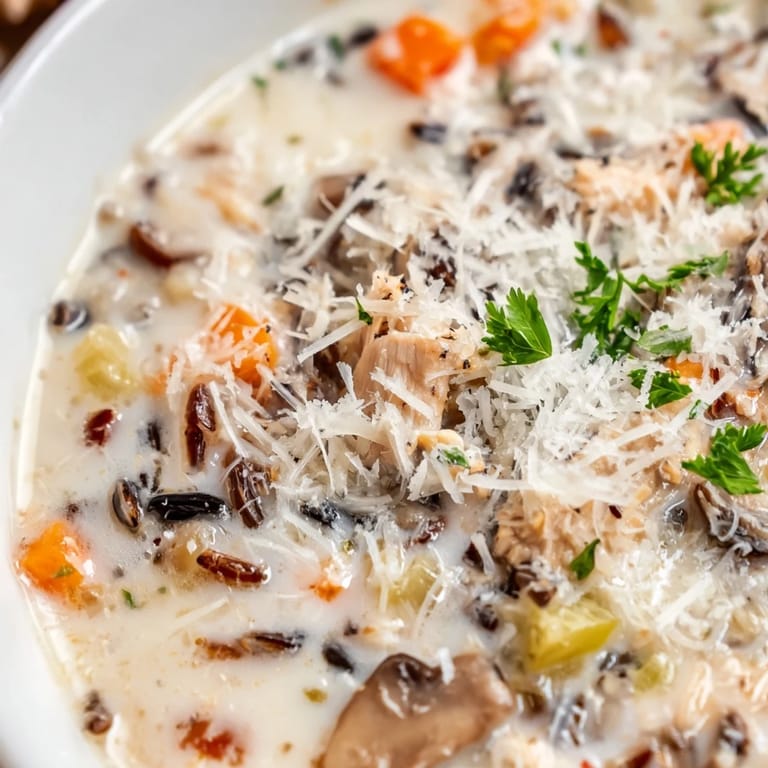 A cozy bowl of Parmesan Mushroom Chicken and Wild Rice Soup served with crusty bread, featuring tender chicken and golden mushrooms.