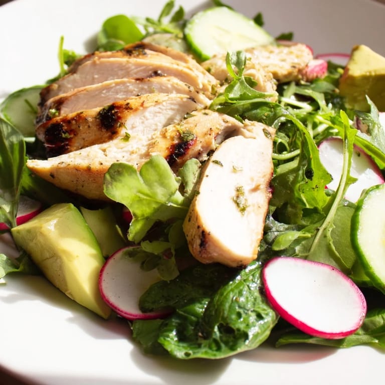 Vivid green salad features tender grilled chicken, sliced cucumber, and bright radish with a zesty lemon vinaigrette, served in a white bowl.  