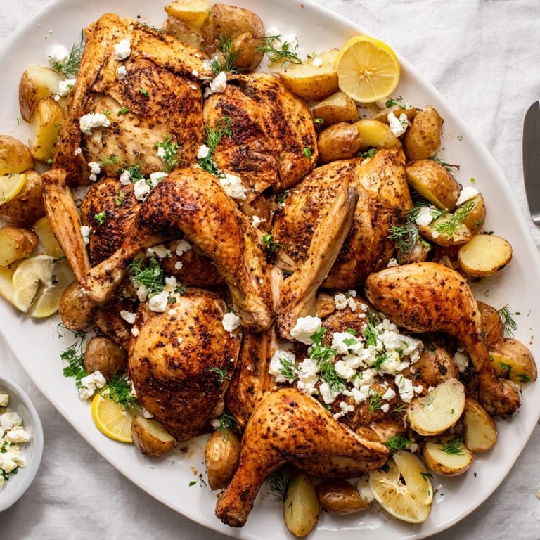 A close-up of juicy roasted chicken with lemon herbs and creamy feta over golden pot potatoes.  