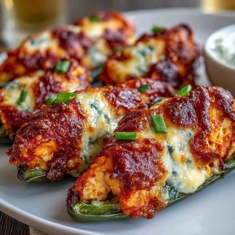 A close-up of Buffalo Wing Poppers, showing the stuffed jalapeños drizzled with tangy buffalo sauce and fresh chives.