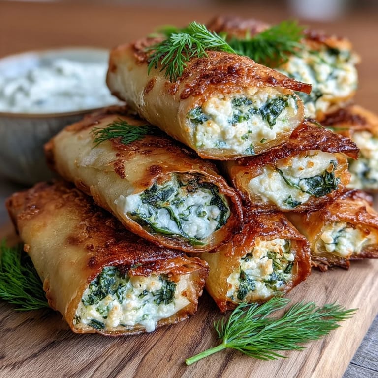 Freshly fried Spanakopita Spring Rolls sit beside a small bowl of creamy dill dip, garnished with parsley and lemon wedges for a bright Mediterranean touch.