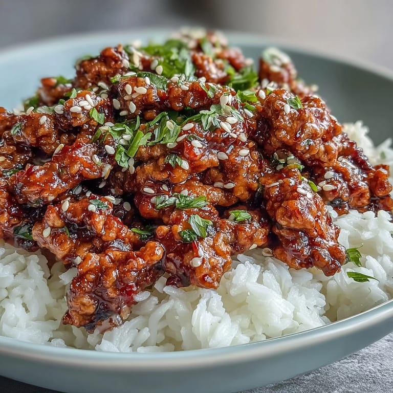 Quick Korean-Style Ground Turkey served over steamed rice with vibrant green vegetables.