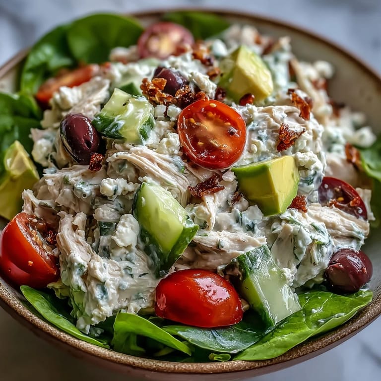 Easy gluten-free Tzatziki Chicken Salad tossed with red onion and avocado, perfect for a refreshing summer lunch.