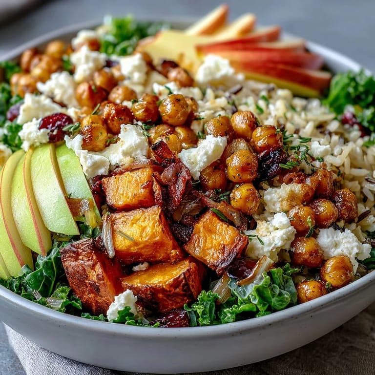 Vibrant Fall Harvest Bowl with roasted Brussels sprouts, celery, and a drizzle of apple cider vinaigrette ready to eat.