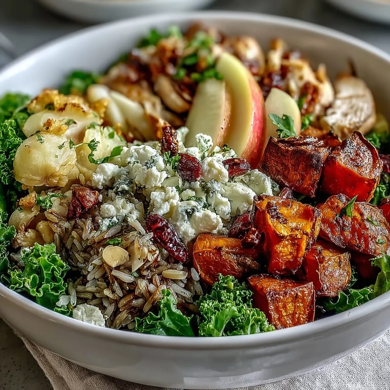 Healthy gluten-free Harvest Bowl with hearty kale, wild rice, roasted sweet potatoes, and tender chicken, served as a vibrant main dish.