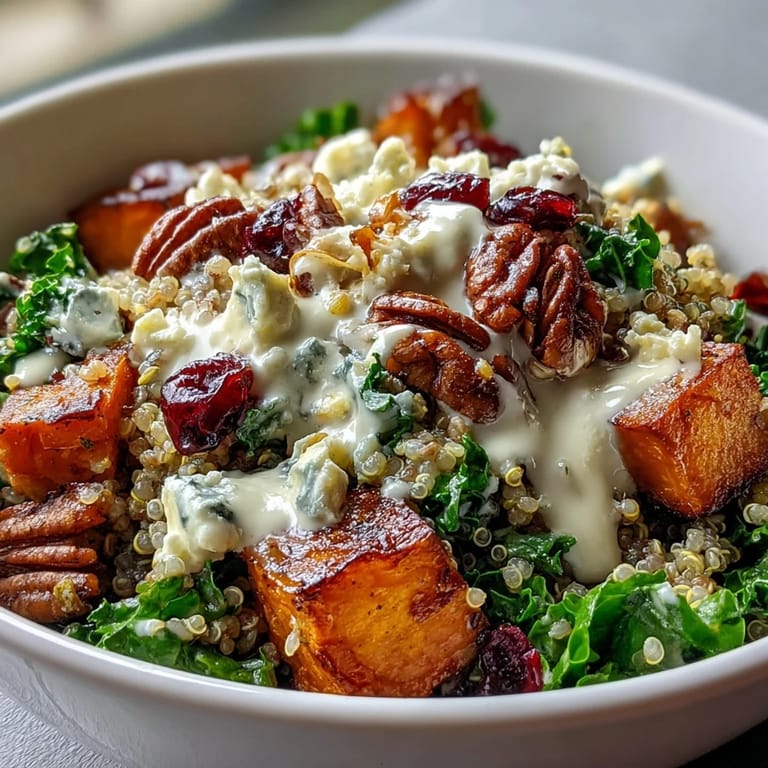 Healthy Harvest Kale Quinoa Bowl served with cranberries and sweet potatoes, vegetarian.