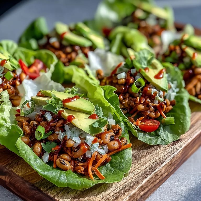 Freshly assembled Black-Eyed Pea Lettuce Wraps garnished with cilantro and avocado, served as a healthy appetizer or light lunch.