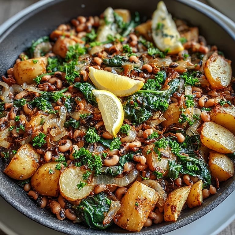 A rustic serving of Black-Eyed Pea Skillet Dinner topped with fresh parsley and a lemon wedge on the side.