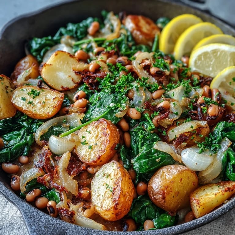 Sizzling Black-Eyed Peas and tender Yukon Gold potatoes with onions and spinach in a savory, one-pan meal.