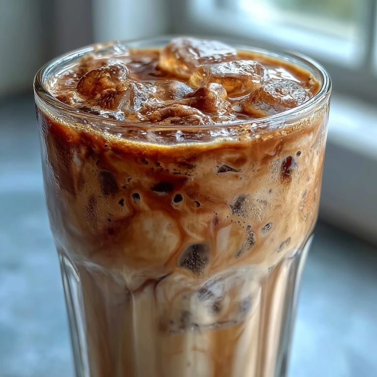 A refreshing iced hojicha latte stirred with maple syrup and vanilla, served over ice for a cozy, aromatic drink.