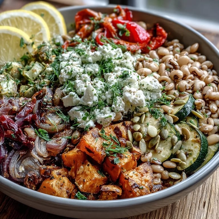 A close-up of a Black-Eyed Pea Grain Bowl topped with fresh herbs, toasted pumpkin seeds, and a lemon wedge on the side.