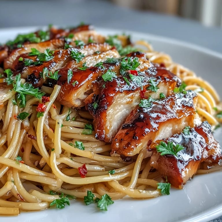 Family-style Sticky Honey Garlic Chicken Pasta is served with glasses of crisp white wine for a perfect American-Asian weeknight dinner.
