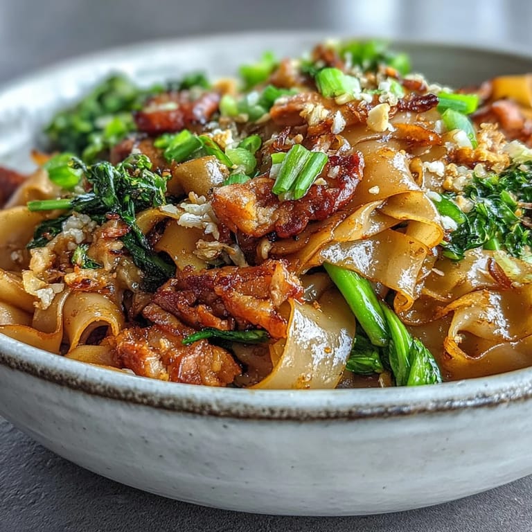 Wok-tossed Authentic Thai Pad See Ew noodles glazed in savory-sweet sauce, served with lime wedges.