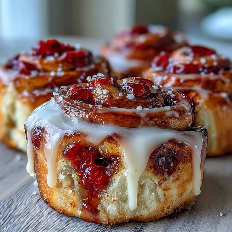 Warm Strawberry Cinnamon Rolls are served on a white plate, perfect for a sweet American breakfast or brunch.
