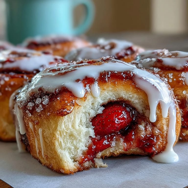 A close-up showcases soft Strawberry Cinnamon Rolls dripping with cream cheese glaze on a rustic wooden table.
