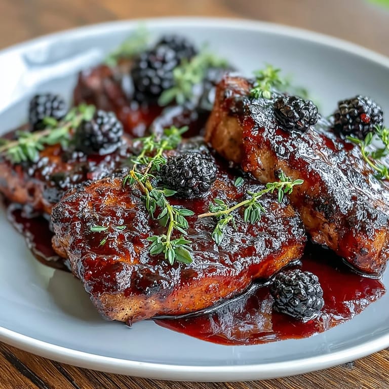A close-up of tender Bourbon Blackberry Pork Chops, topped with plump blackberries and a rich, tangy sauce.