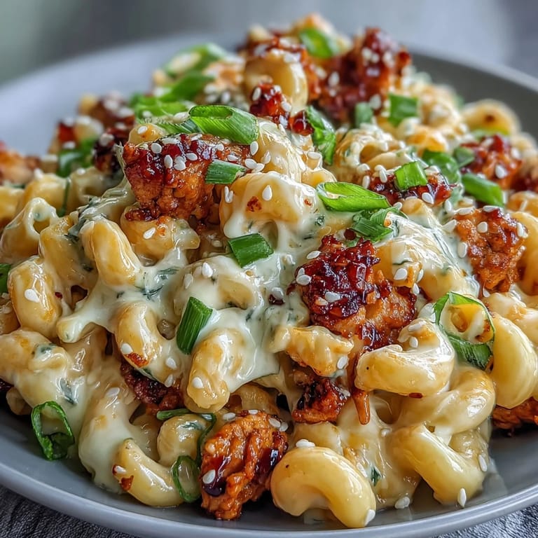 Korean-Style Turkey Mac & Cheese served in a bowl with toasted sesame seeds and a glossy gochujang glaze. 