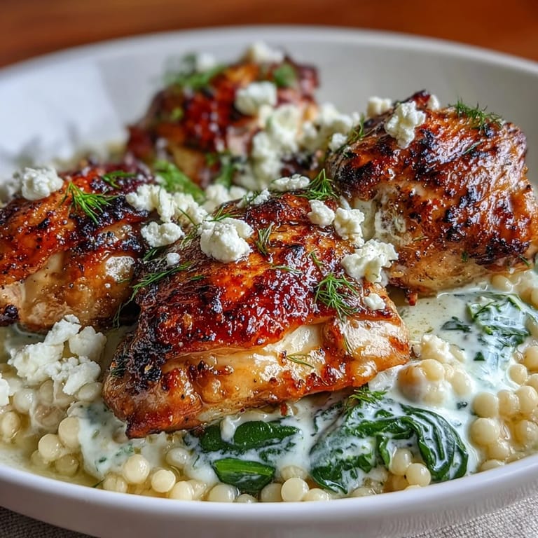 This hearty Creamy Greek Chicken & Pearl Couscous Bake is plated with a lemon wedge, showing the tender chicken and pearl couscous ready for a family dinner.