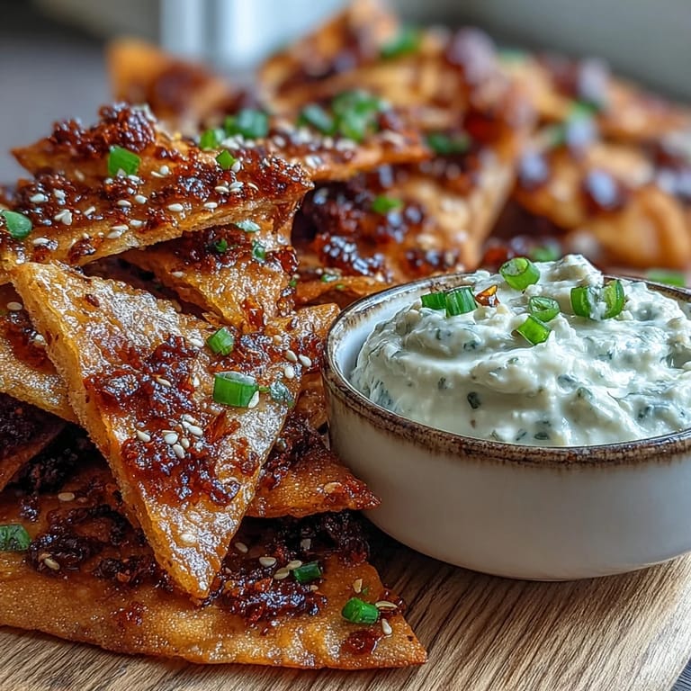 Freshly baked Spicy Chili Crisp Garlic Naan Chips on a platter alongside a cool cucumber dip, a perfect fusion appetizer for sharing.