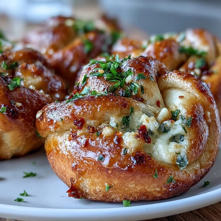 Rustic Hot Honey Ricotta Stuffed Garlic Knots on a wood board with fresh herbs and honey.