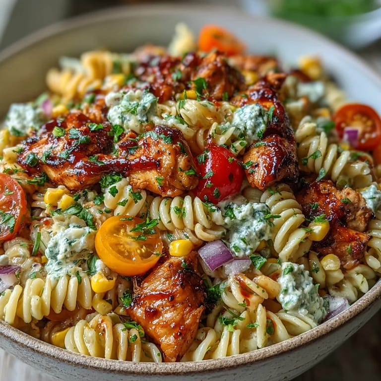 Tossed Honey BBQ Chicken Pasta Salad with creamy smoky dressing, crisp celery, sweet corn, and fresh parsley garnish, served on a rustic wooden table.