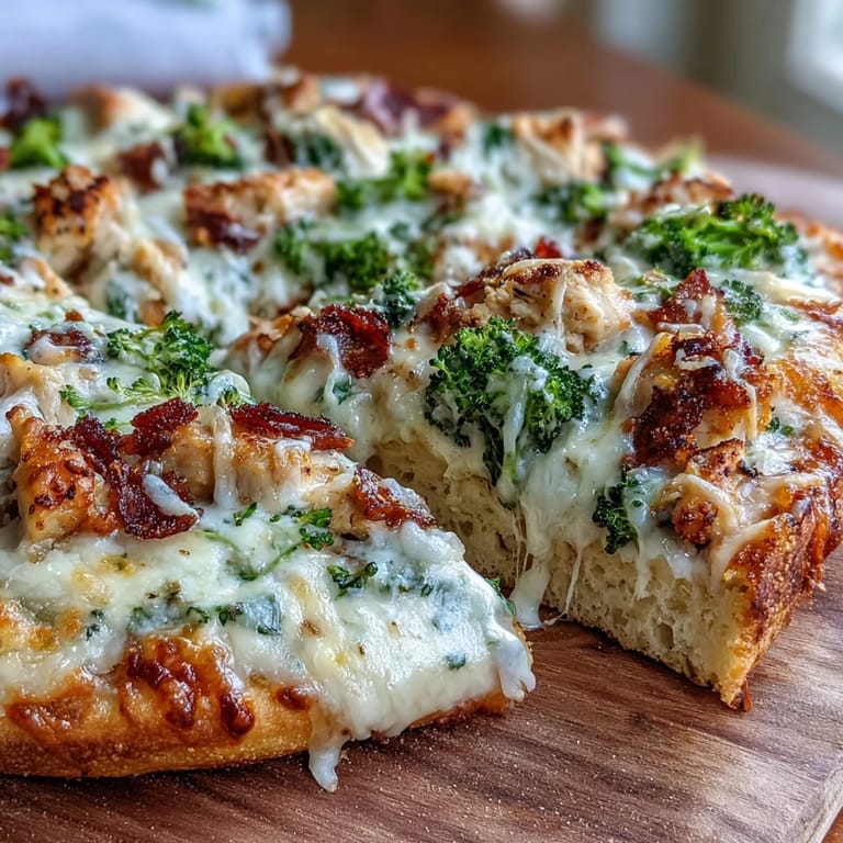 Freshly baked Garlic Parmesan Chicken & Broccoli Pizza drizzled with olive oil and garnished with chopped parsley.
