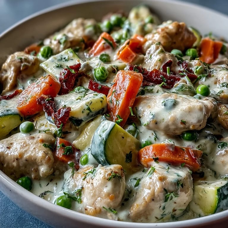A hearty serving of Creamy Ranch Turkey & Veggie Skillet ladled over pasta, garnished with fresh parsley for a family dinner.