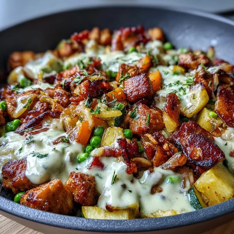 Tender ground turkey and diced zucchini in Creamy Ranch Turkey & Veggie Skillet, with a spoon stirring the creamy sauce.