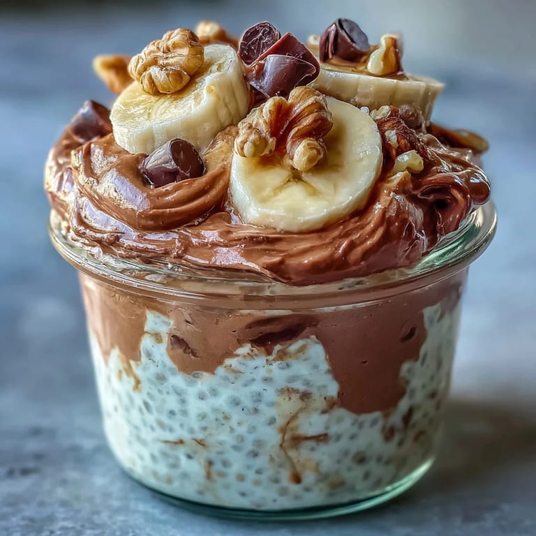 A spoon digs into a thick overnight chia pudding topped with chocolate chips, walnuts, and banana pieces. 