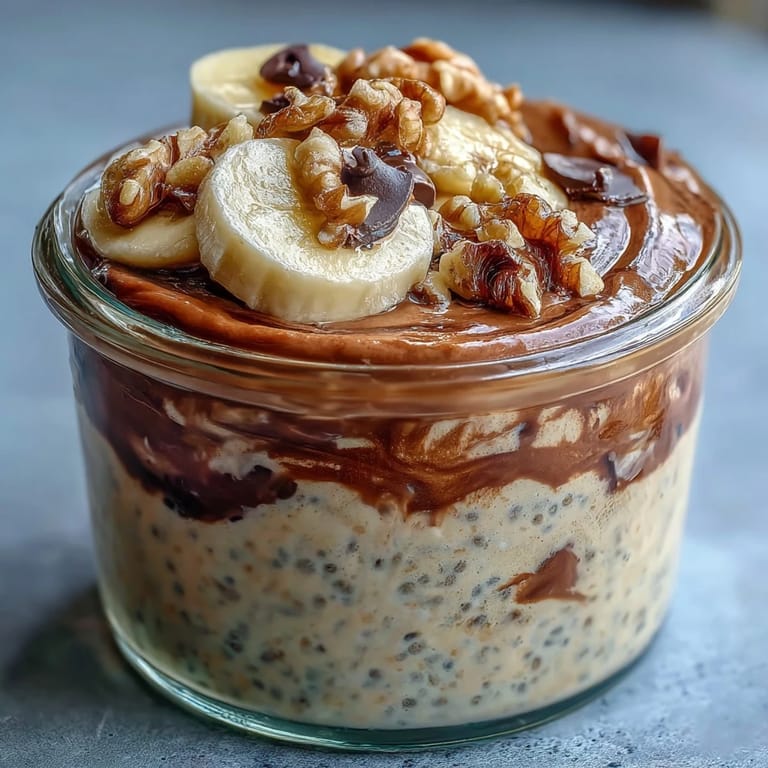 Healthy Chunky Monkey Overnight Chia Pudding breakfast parfait with chocolate and peanut butter layers ready to eat.