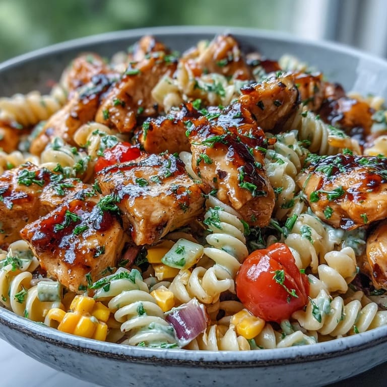 Honey BBQ Chicken Pasta Salad plated with chopped chives, showing tender chicken, red pepper, and celery in a rich sauce.