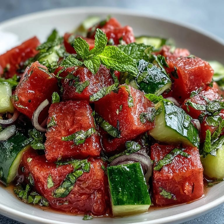Summer Watermelon Cucumber Mint Salad served in a glass bowl with lime wedges and a silver fork on a rustic table.
