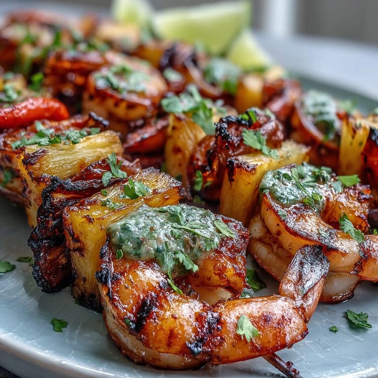 The skewers show charred pineapple chunks and pink shrimp brushed with a glossy cilantro-lime glaze.