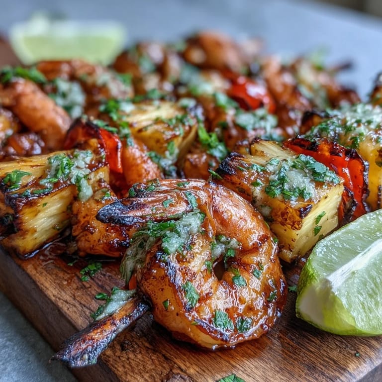 Close-up of Grilled Shrimp and Pineapple Skewers with Cilantro Lime on a plate with coconut rice.