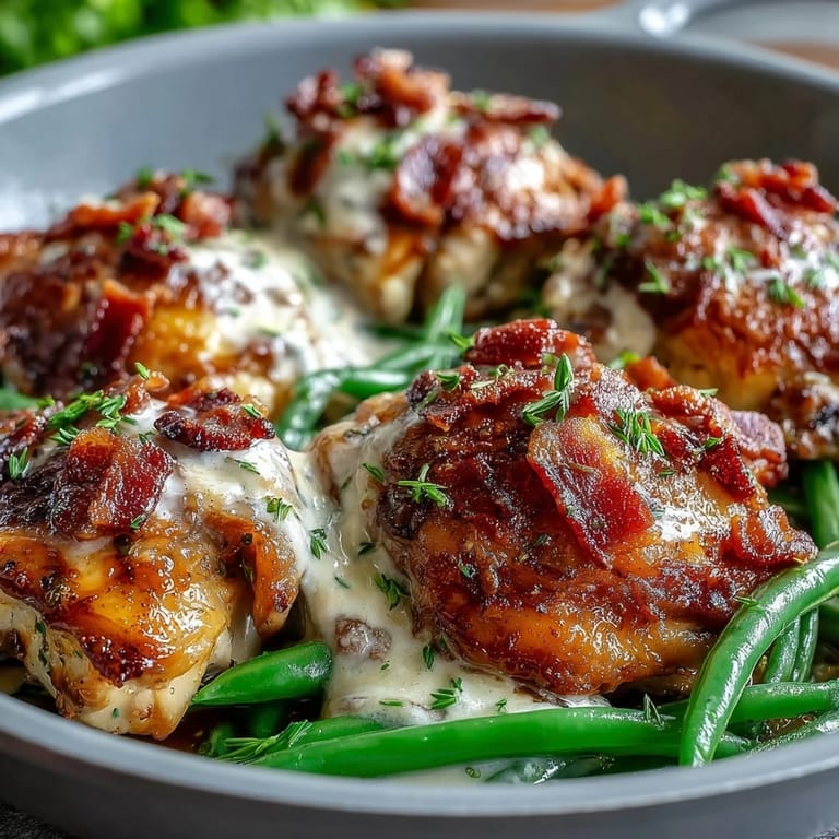 Fork-tender chicken thighs and roasted green beans in a creamy ranch sauce, garnished with fresh parsley for a low-carb dinner.